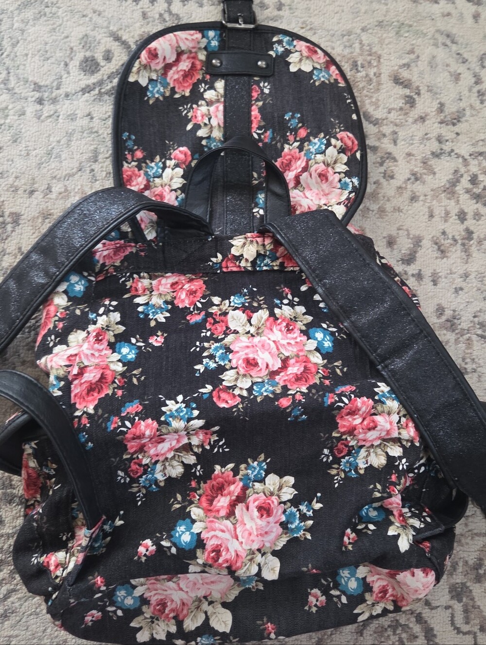 Olsenboye Black Floral Canvas Backpack Black Faux Leather Trim Boho Rucksack - Picture 8 of 11